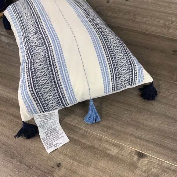 Lumbar Throw Pillow White Blue Boho Waterfowl Feather Striped Tasseled 16" x 24" - Picture 3 of 12